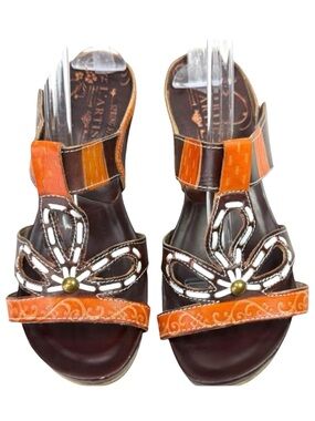 L'Artiste Springstep Andros Leather Wedge Sandals Size 37 Boho Retro Western